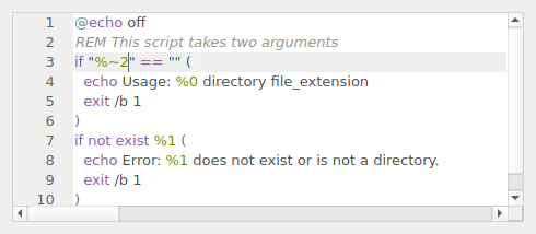 QgsCodeEditorShell containing a sample batch script