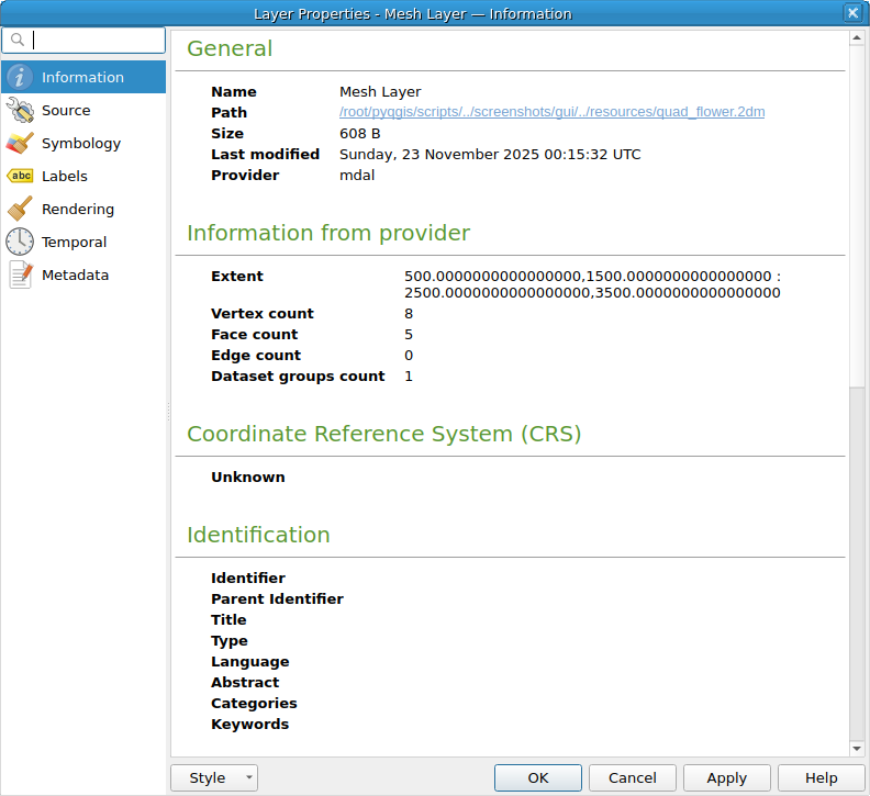 QgsMeshLayerProperties showing the 'Information' page