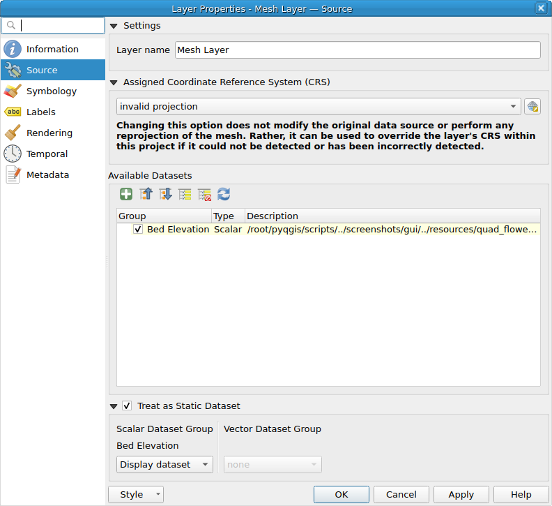 QgsMeshLayerProperties showing the 'Source' page