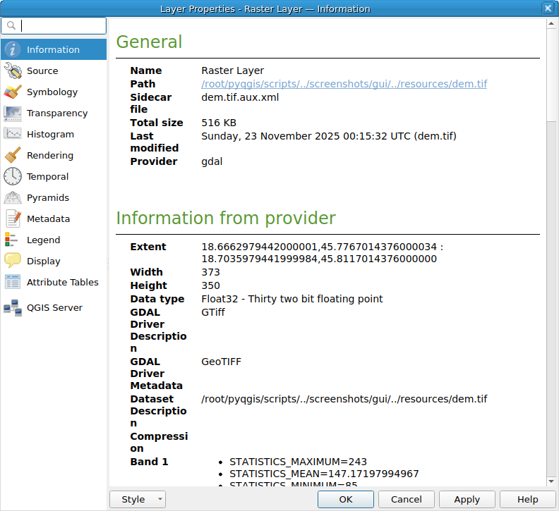 QgsRasterLayerProperties showing the 'Information' page