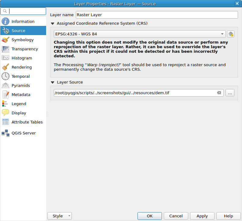 QgsRasterLayerProperties showing the 'Source' page