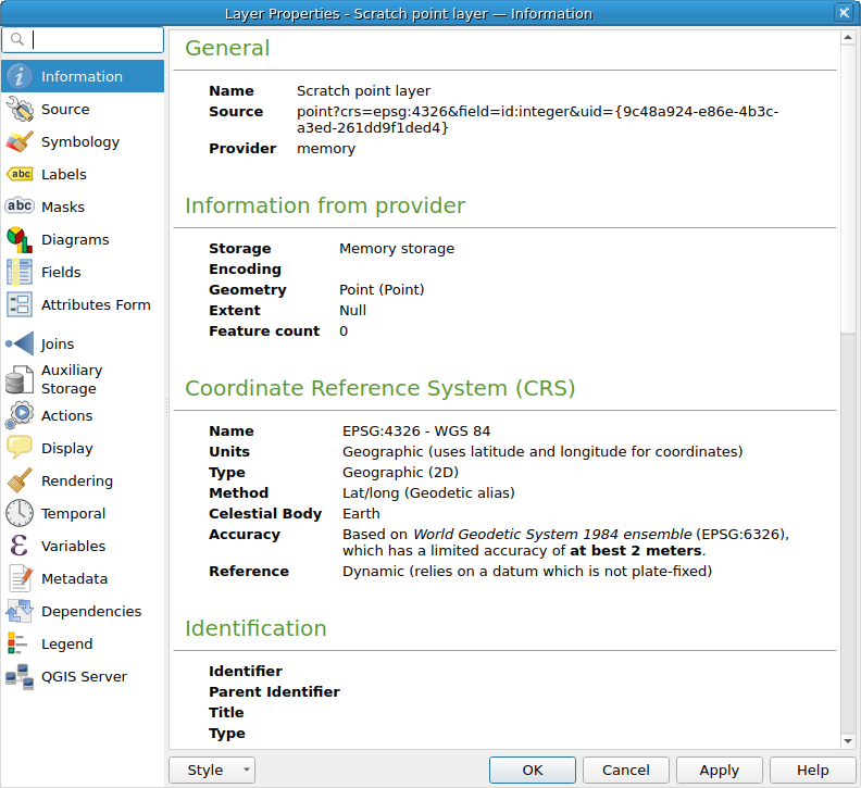 QgsVectorLayerProperties showing the 'Information' page