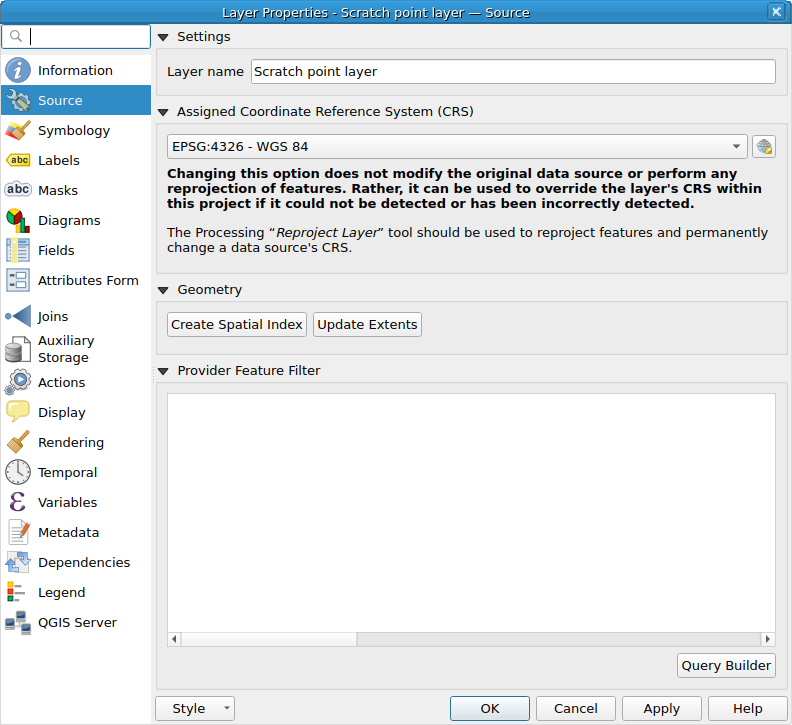QgsVectorLayerProperties showing the 'Source' page