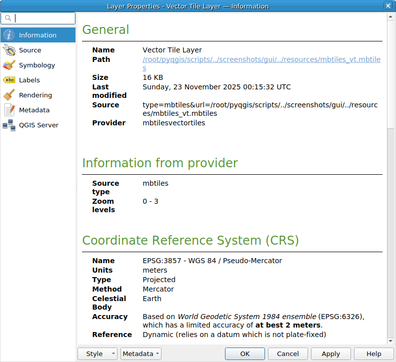 QgsVectorTileLayerProperties showing the 'Information' page